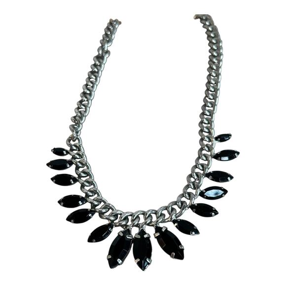 Silver Tone Chunky Curb Chain Black Faceted Navettes Necklace - Picture 3 of 4